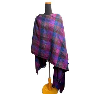 WOOL Purple, Pink, Blue Plaid Poncho Wrap One Size Cape Fringe
